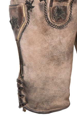 Side view of mens lederhosen shorts showcasing the finely embroidered floral patterns on the leg, perfect for traditional German festivals. These German leather shorts mens offer both durability and elegant detailing