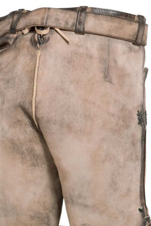 Back view of german short lederhosen highlighting the soft leather texture and sturdy construction. These traditional german leather shorts are ideal for blending comfort with classic style during cultural celebrations.