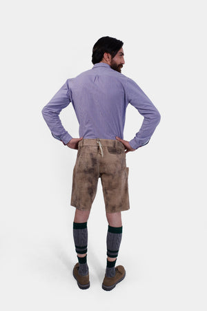 Rear view of the Alpine Eagle Lederhosen, highlighting the adjustable waistband and back pocket.
