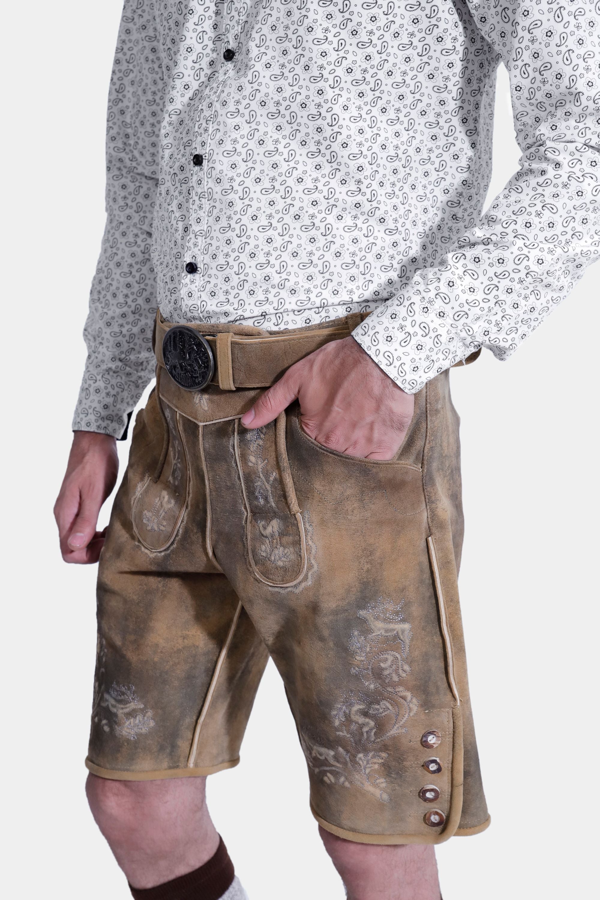 Closed side view of a man wearing Traditional Lederhosen Short in Marco Beige color
