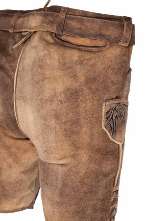 Back view of mens short lederhosen displaying the high-quality leather and sturdy belt loops for a secure fit. These men's authentic lederhosen combine tradition and function in traditional German clothing for men