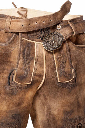Close-up of mens short lederhosen with detailed stitching and a decorative front flap design, embodying traditional craftsmanship. These men's authentic lederhosen are ideal for cultural events and traditional German clothing for men