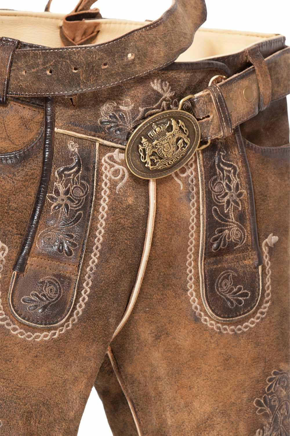 Close-up of lederhosen shorts with detailed stitching and traditional floral patterns, capturing the essence of Bavarian culture. This lederhosen shorts costume is ideal for Oktoberfest and other cultural celebrations