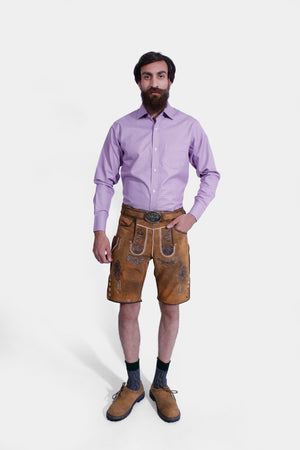 Man in Brecht Classic Lederhosen, Burnished Bronze with intricate embroidery and stylish buttons.