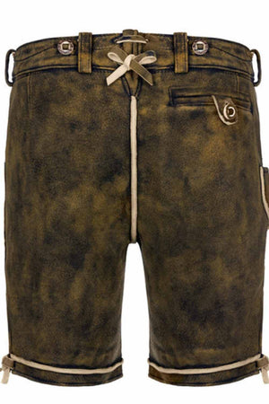 Back view of lederhosen German shorts showcasing fine craftsmanship and adjustable lace ties for a custom fit. These short lederhosen are ideal for those seeking a blend of tradition and modern comfort.