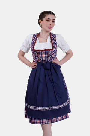 A woman wearing a navy blue and plaid Dirndl dress, featuring a white blouse with puffed sleeves, a fitted bodice with red and blue plaid patterns, and a navy blue apron tied at the waist with a large bow. The woman stands with hands on her hips, looking confident.