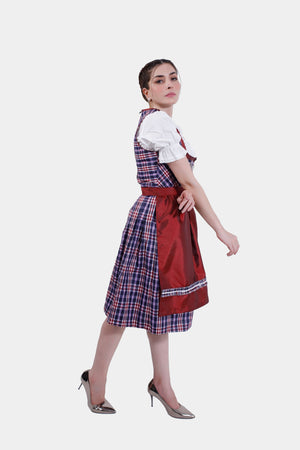The dirndl dress is shown in full length from the back, with the red apron tied in a bow and paired with metallic high heels.