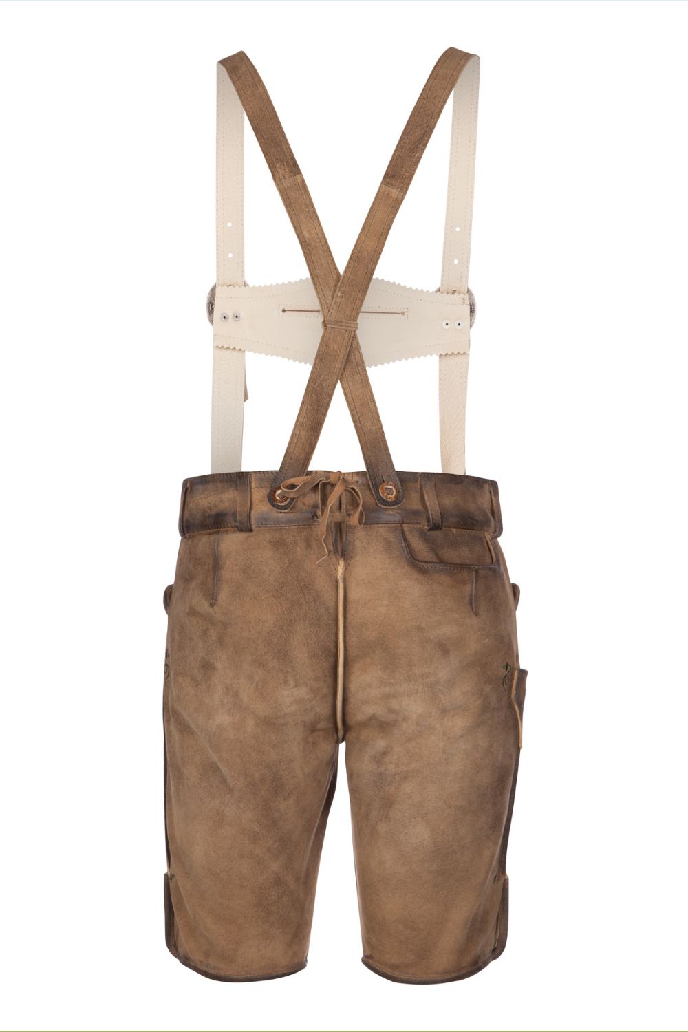 Back view of lederhosen German shorts with adjustable suspenders and high-quality leather craftsmanship. These short lederhosen provide both style and functionality, perfect for cultural celebrations