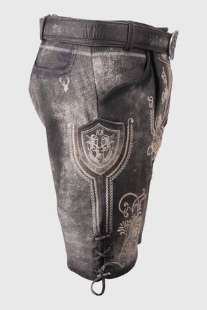 A side view of german leather shorts mens with detailed embroidery and lace-up sides, offering a perfect blend of style and durability.