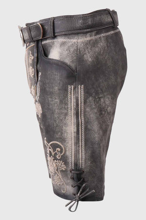 Rear view of mens lederhosen shorts, highlighting their rustic finish and comfortable fit, perfect for completing a traditional German outfit.
