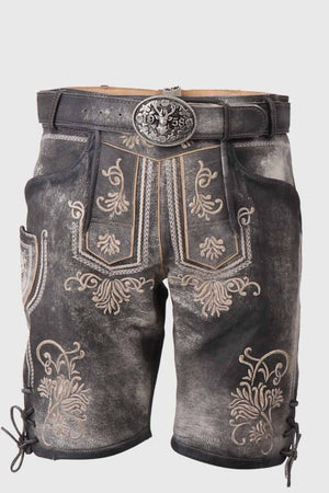 A rugged pair of mens lederhosen shorts featuring intricate embroidery and a sturdy belt buckle, designed for traditional German events.