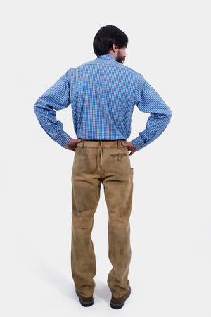 Complete back view of a man wearing Kochelsee Lederhosen Long pants paired with light blue checkered shirt