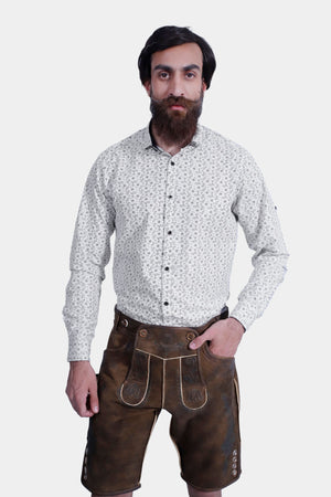 Lechfall Legend Lederhosen in Rustic Mahogany, knee-length goat suede leather with natural embroidery, brown horn buttons, and multiple practical pockets.