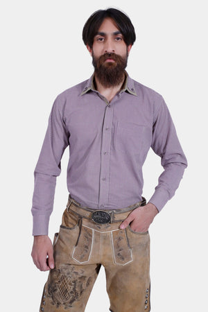 Closed front View of a man wearing Short Traditional Lederhosen with a checkered shirt