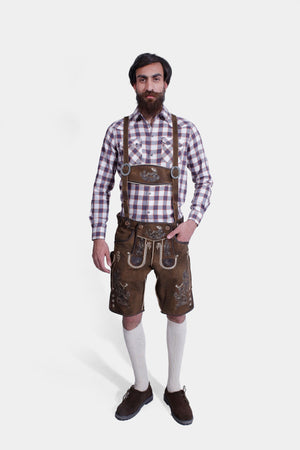 Man wearing Max Planck Oktoberfest Lederhosen Suspender with a checkered shirt.