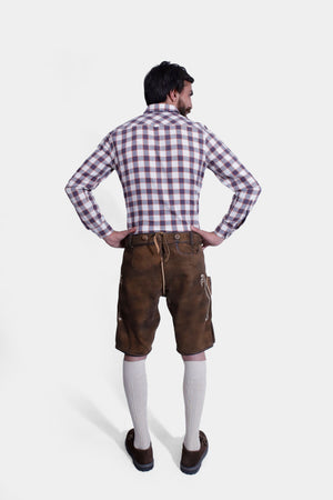 Rear view of a man in Rustic Maple Max Planck Lederhosen with intricate embroidery and versatile pockets.