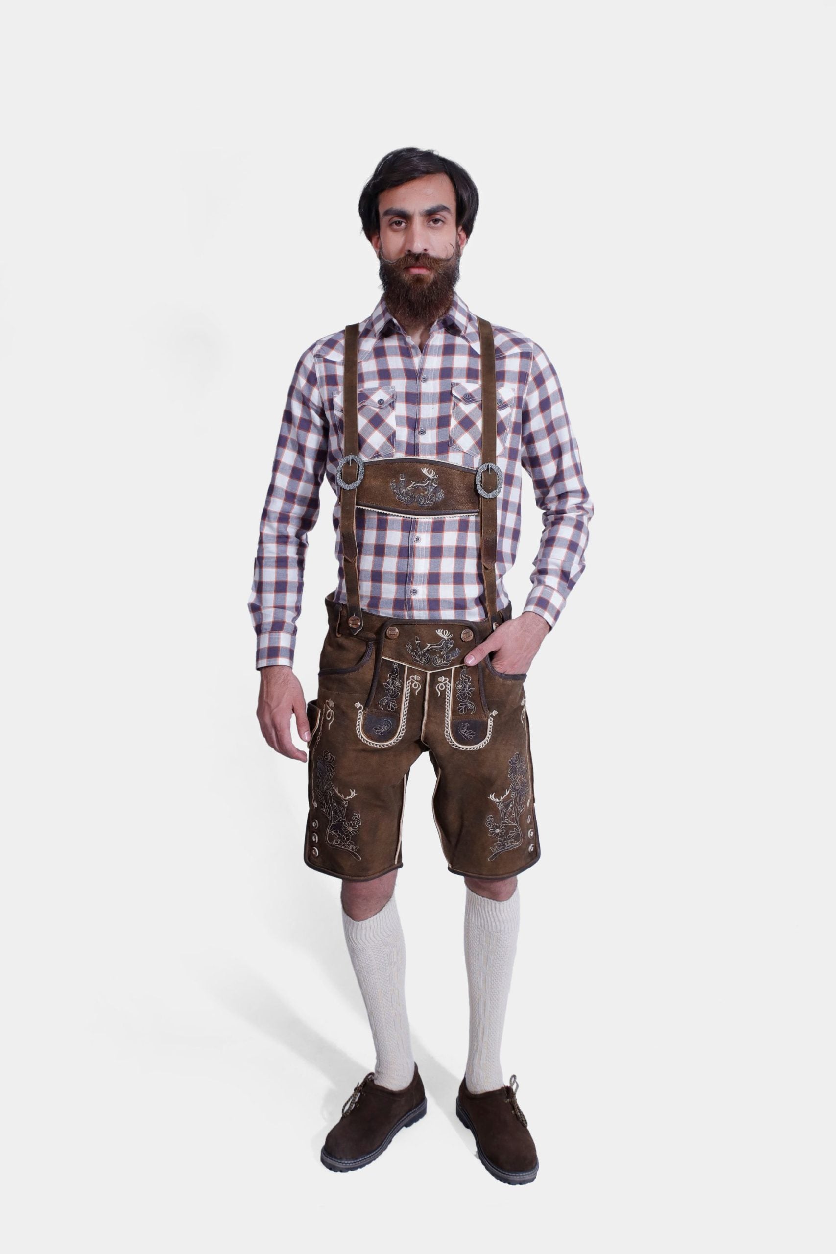 Man wearing Max Planck Oktoberfest Lederhosen Suspender with a checkered shirt.