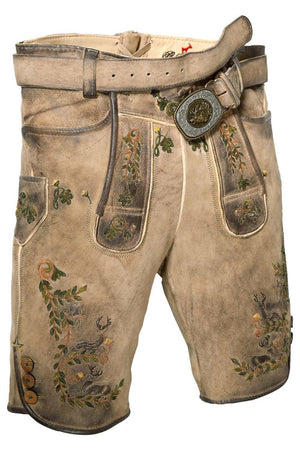 Front view of authentic lederhosen shorts men with beautifully embroidered deer and floral patterns, paired with a sturdy belt and traditional buckle design.