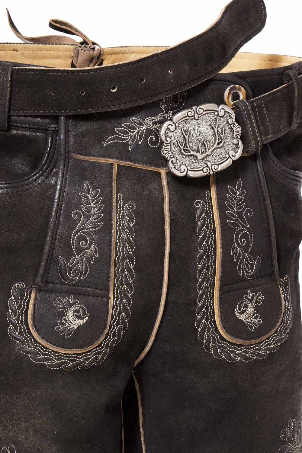 Close-up of mens Oktoberfest shorts with intricate stitching and ornate belt buckle, showcasing the traditional style of lederhosen shorts men