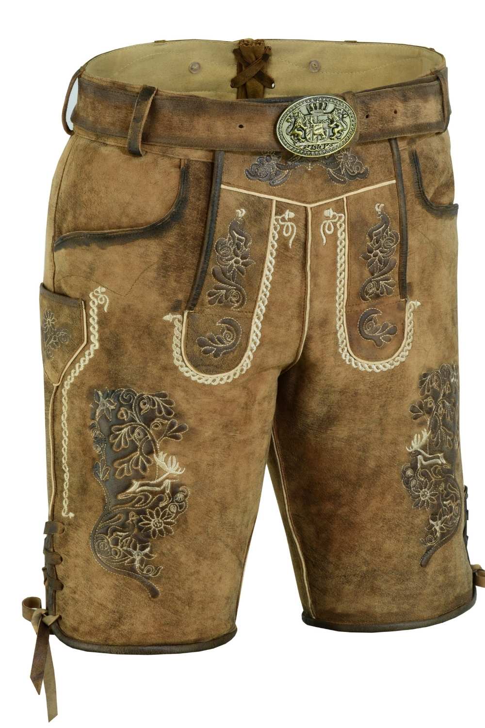 Side view of mens lederhosen showcasing the fine embroidery on the pocket and leg, complemented by rustic leather texture