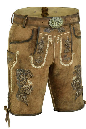 Side view of mens lederhosen showcasing the fine embroidery on the pocket and leg, complemented by rustic leather texture