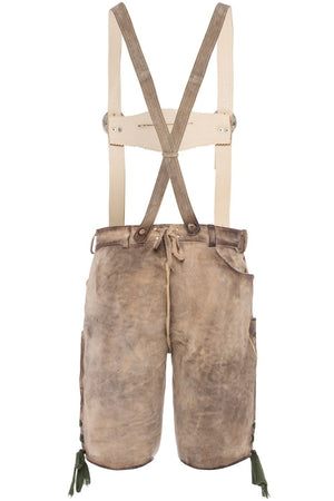 Back view of lederhosen for men with adjustable suspenders and rustic leather finish, ideal for a classic Oktoberfest outfit.