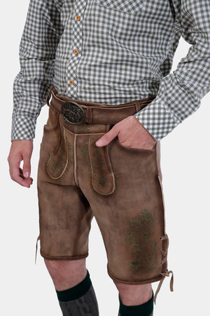 side view of of Thuringian Forest Dragons Lederhosen, showing the knife pocket and natural leather texture