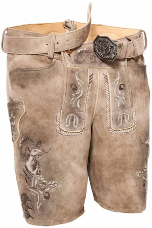 Front view of traditional German leather shorts featuring detailed goat and floral embroidery on the leg, ideal for showcasing authentic mens lederhosen shorts