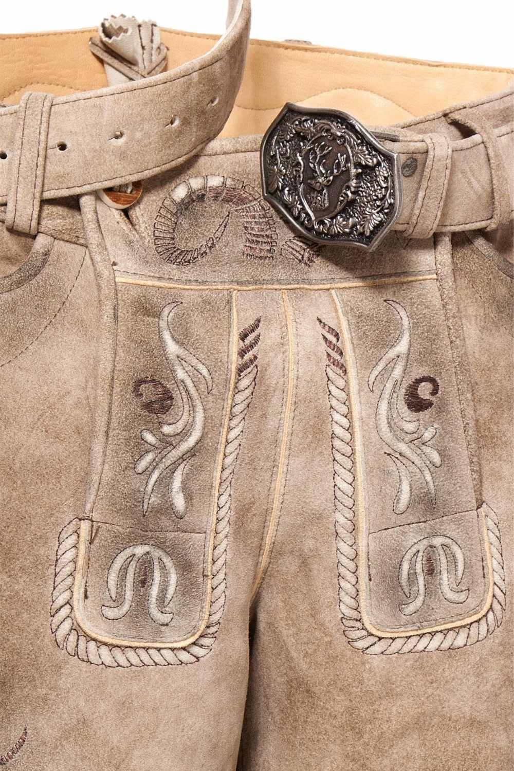 Close-up view of mens lederhosen shorts in beige leather with traditional embroidery and a rustic silver belt buckle, perfect for German festivals