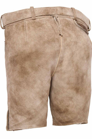 Back view of German leather shorts mens style in soft beige leather, highlighting the smooth craftsmanship and traditional belt design.