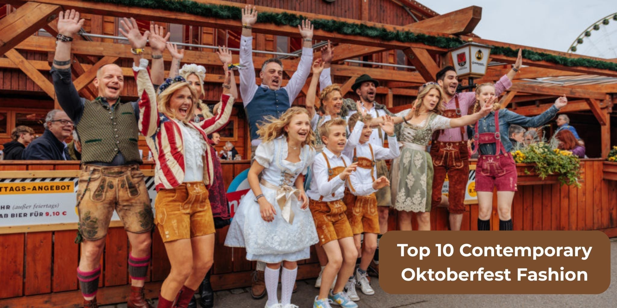 Group wearing modern Oktoberfest outfits at a Bavarian beer hall.