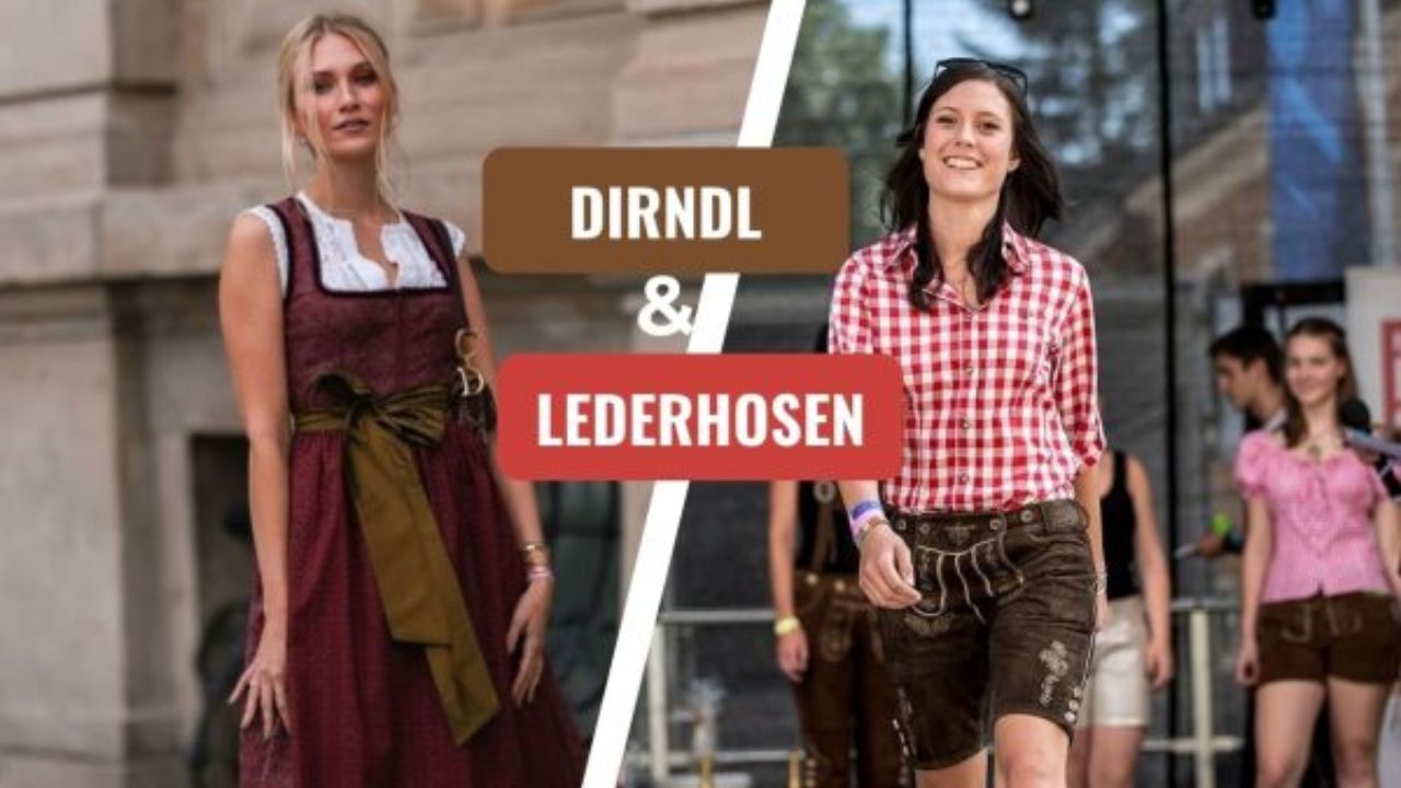 Two women wearing traditional Bavarian outfits: dirndl and lederhosen.