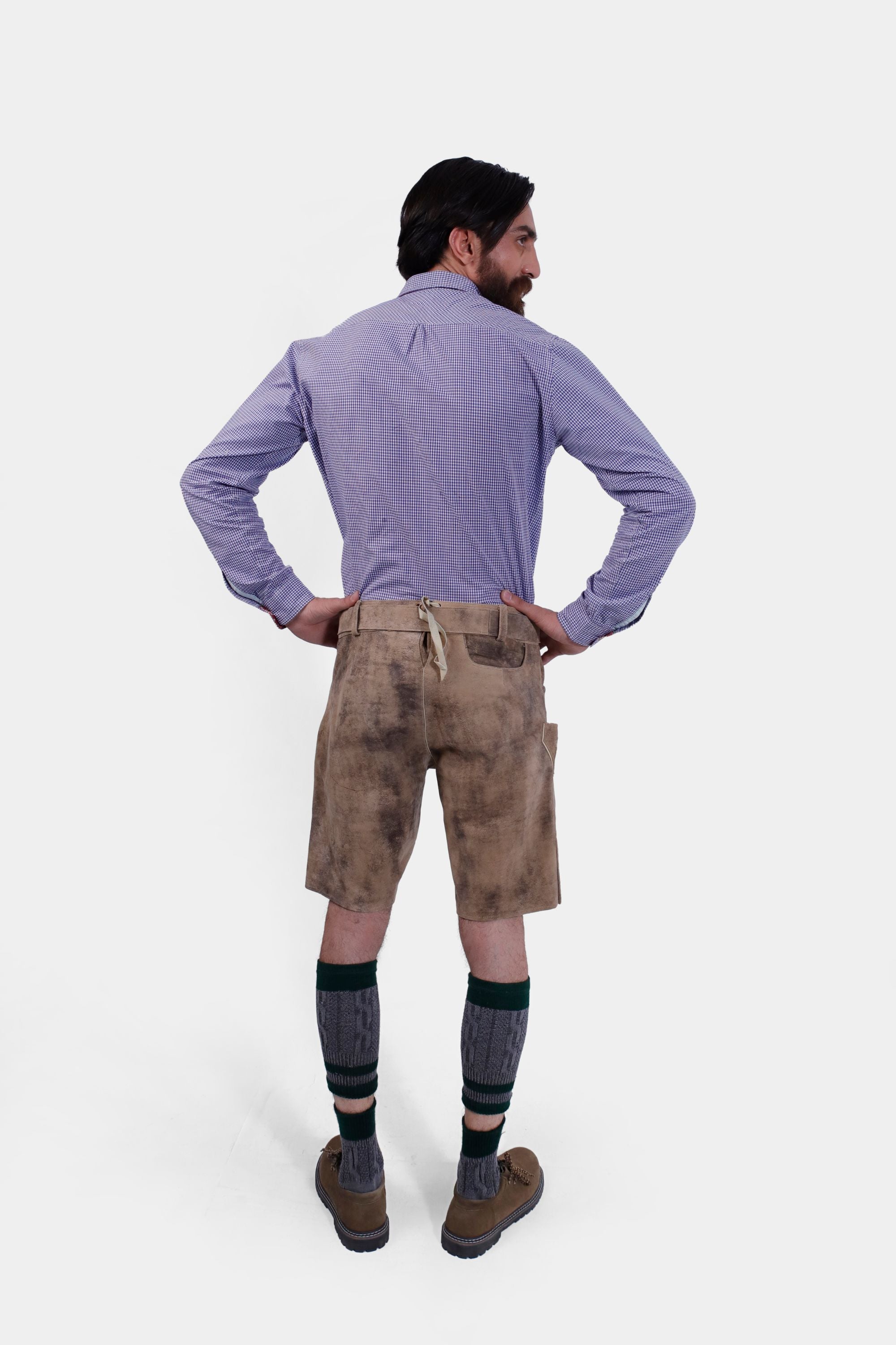 Rear view of the Alpine Eagle Lederhosen, highlighting the adjustable waistband and back pocket.