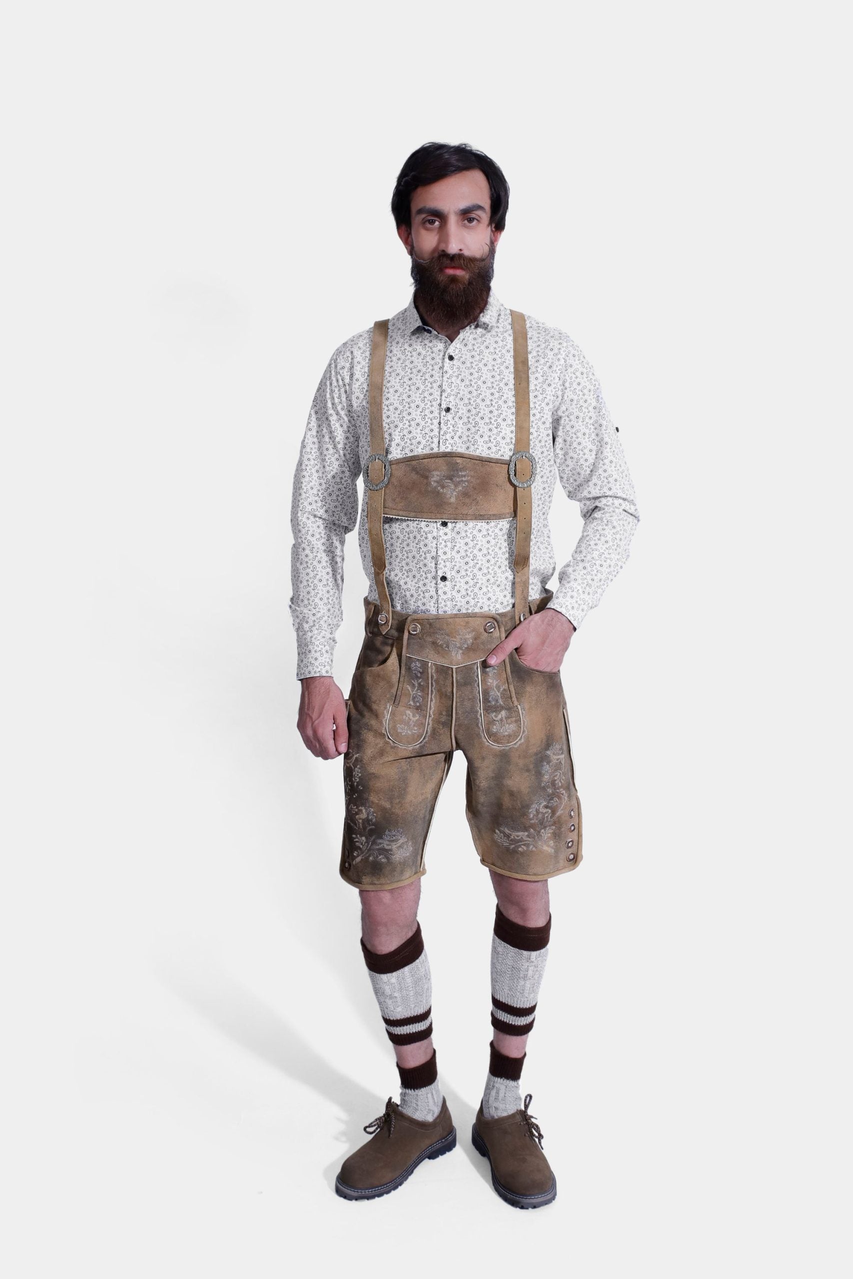Man wearing Ammersee Royal Men's Oktoberfest Suspender with a patterned shirt.
