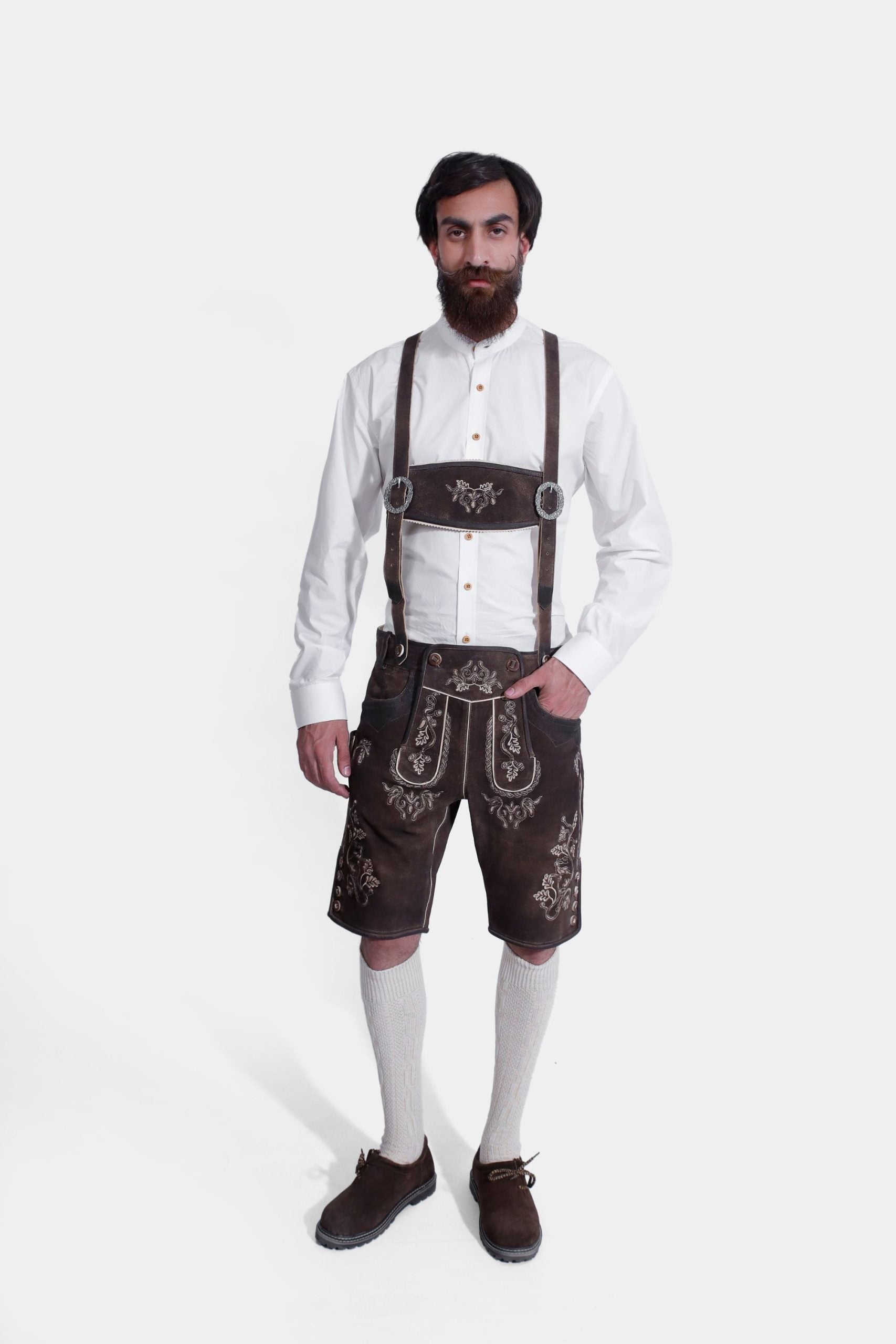 Man wearing Angry Stag Eibsee Lederhosen Suspender with a white shirt.