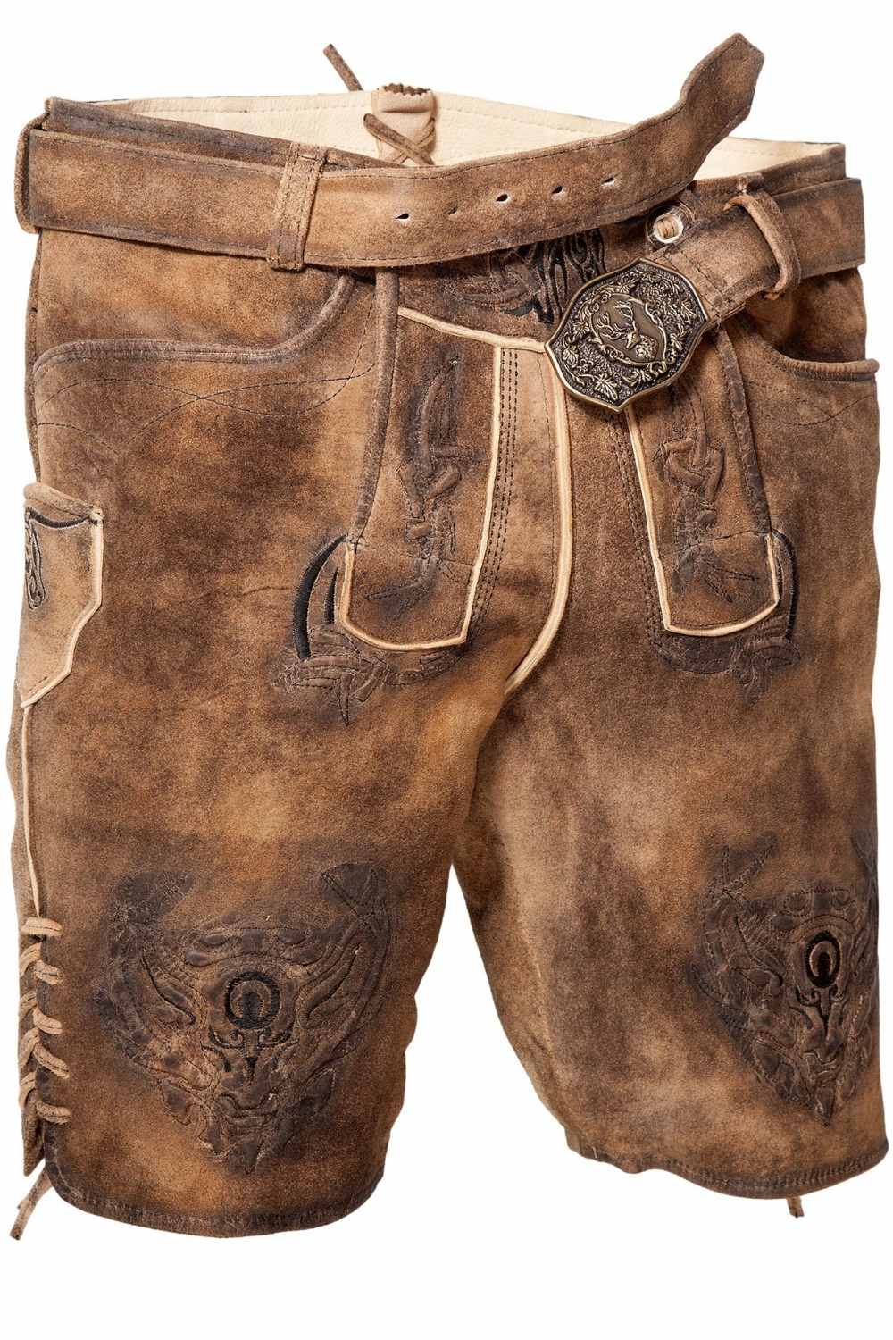 Mens lederhosen shorts crafted from premium leather, featuring intricate embroidery and a classic belt buckle for an authentic traditional look. This men's authentic lederhosen is perfect for festive occasions and traditional German clothing for men.