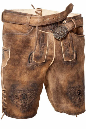 Mens lederhosen shorts crafted from premium leather, featuring intricate embroidery and a classic belt buckle for an authentic traditional look. This men's authentic lederhosen is perfect for festive occasions and traditional German clothing for men.