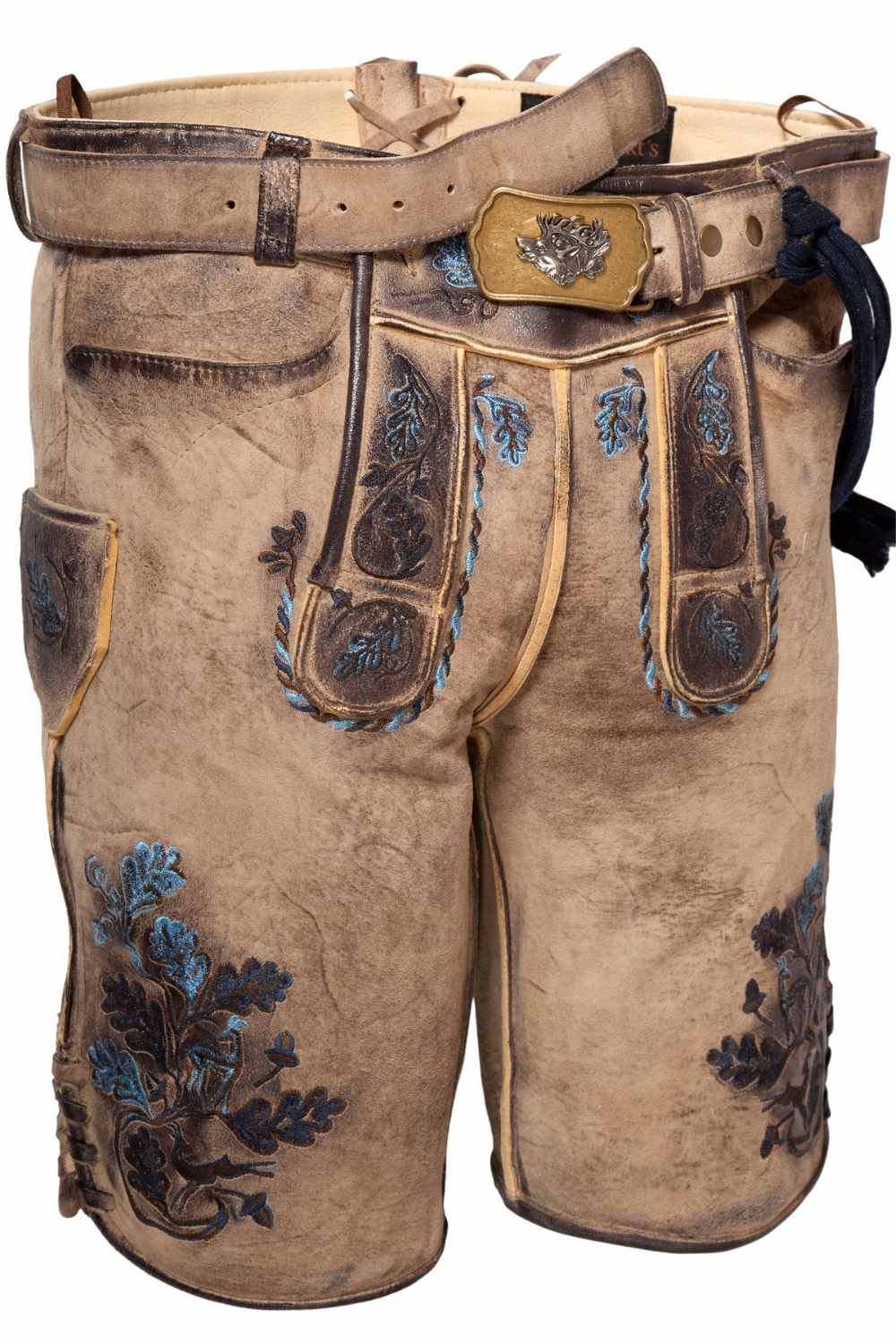 Mens lederhosen shorts with detailed blue and brown embroidery, showcasing traditional craftsmanship with a decorative belt buckle. These German leather shorts mens provide a stylish and comfortable option for festive occasions.