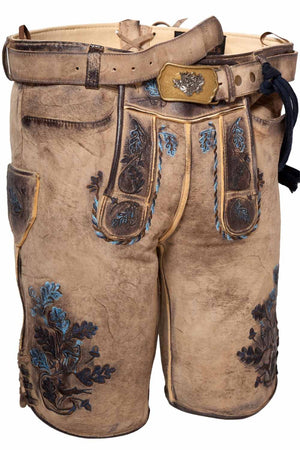 Mens lederhosen shorts with detailed blue and brown embroidery, showcasing traditional craftsmanship with a decorative belt buckle. These German leather shorts mens provide a stylish and comfortable option for festive occasions.