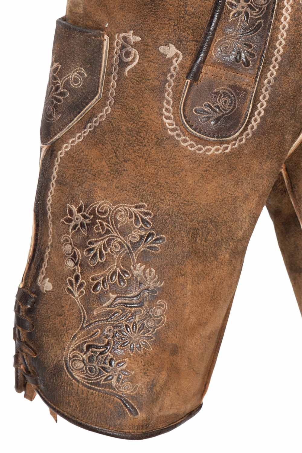 Side view of German shorts showcasing detailed embroidery along the seams, designed for both style and comfort. These lederhosen shorts are great for a man in lederhosen looking to embrace traditional German attire