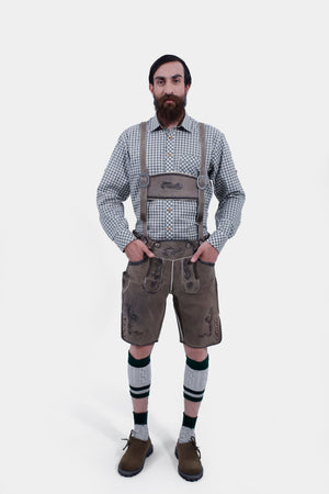 Man wearing Bavarian Woodland German Oktoberfest Suspender with a checkered shirt.