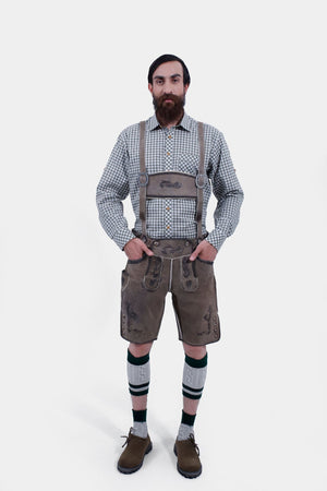 Man wearing Bavarian Woodland German Oktoberfest Suspender with a checkered shirt.