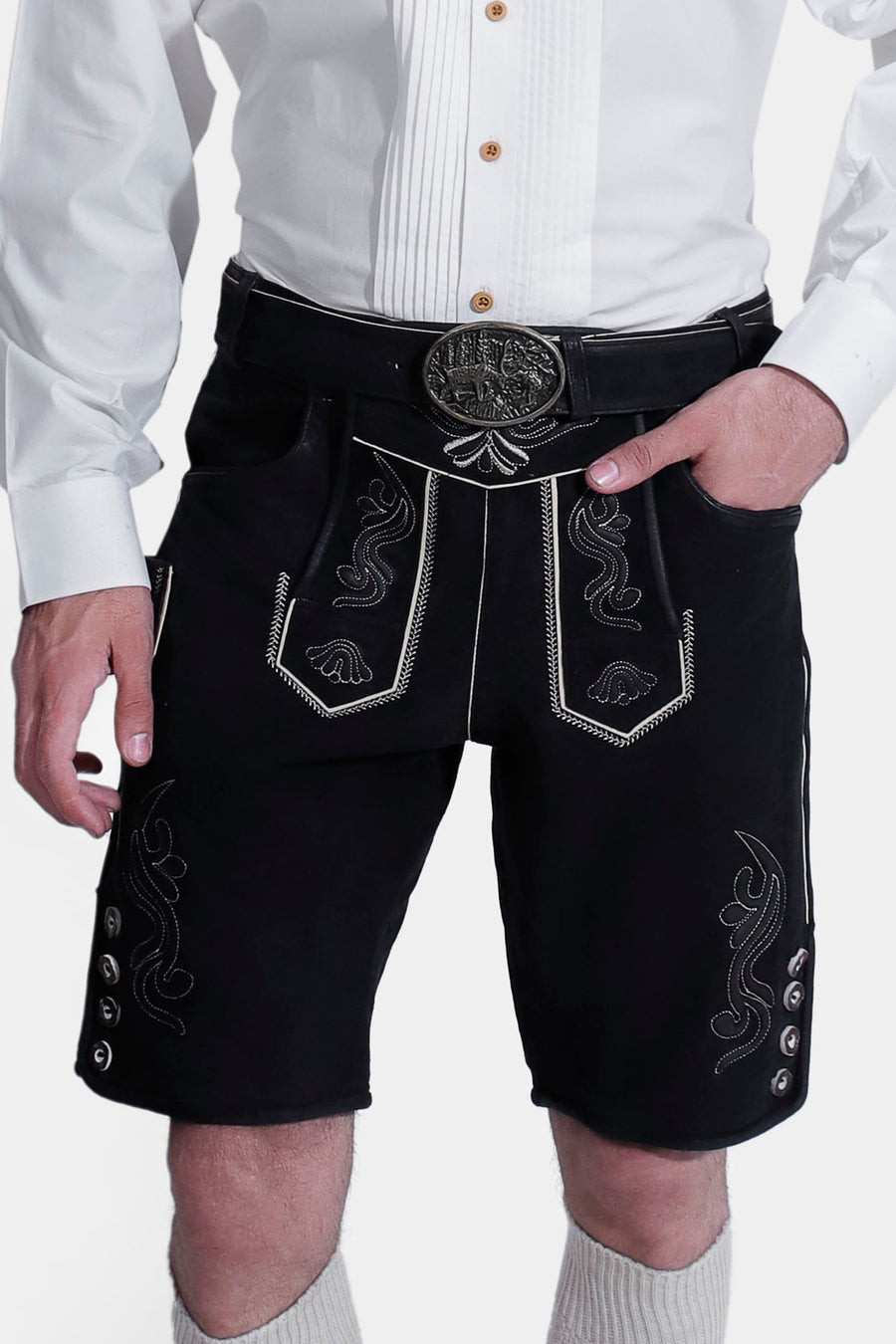 Black Edelweiss lederhosen with cream embroidery