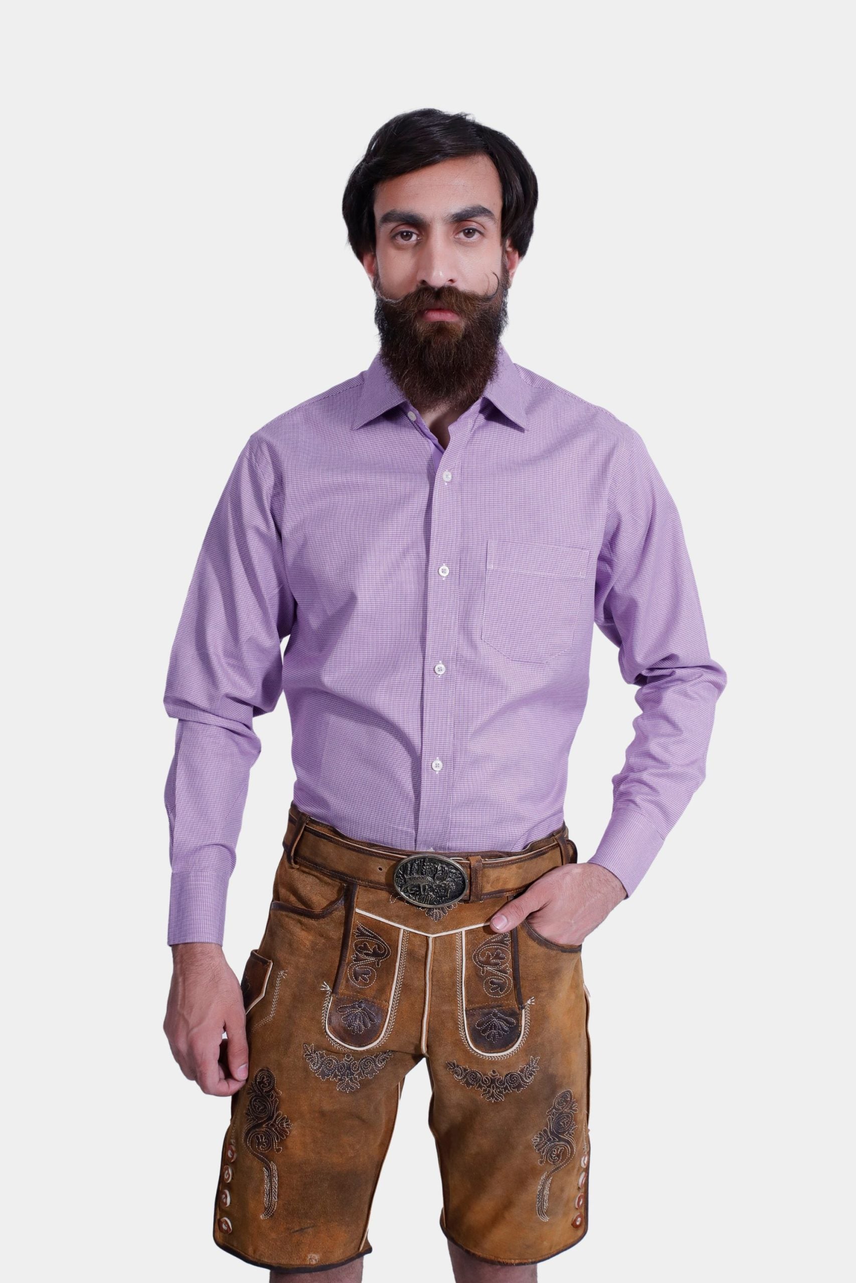 Man in Brecht Classic Lederhosen, Burnished Bronze with intricate embroidery and stylish buttons.