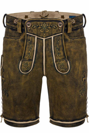 Lederhosen German shorts with detailed traditional embroidery and a sturdy button closure, perfect for cultural events. These short lederhosen offer both style and comfort for festive occasions