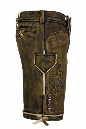 Side view of short lederhosen featuring intricate stitching along the seams and a convenient side pocket. These mens lederhosen shorts are designed for durability and a traditional German look