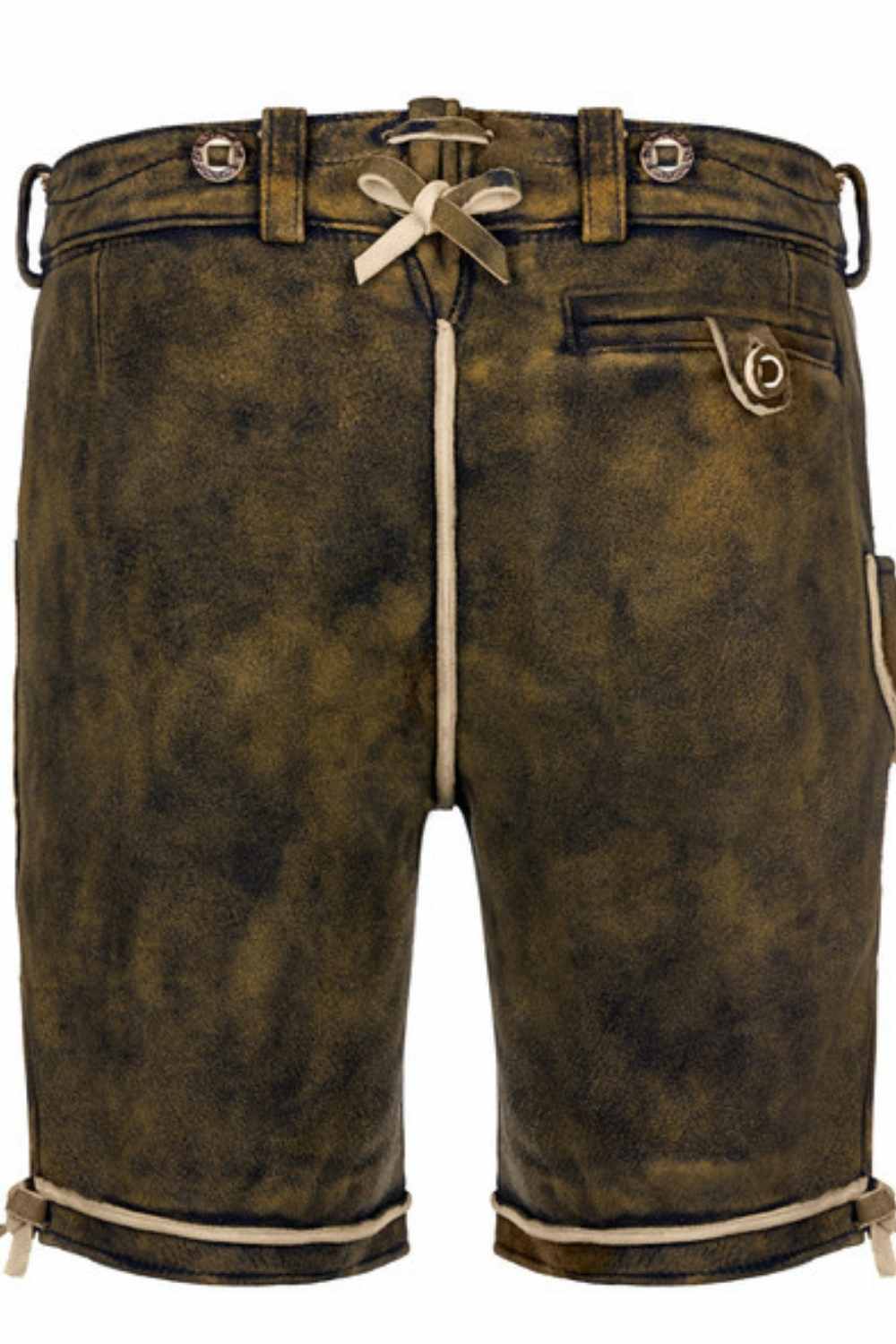 Back view of lederhosen German shorts showcasing fine craftsmanship and adjustable lace ties for a custom fit. These short lederhosen are ideal for those seeking a blend of tradition and modern comfort.
