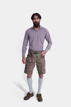 Complete front view of a Man wearing "Chiemsee Castle Elite Lederhosen" in Opal Mist with intricate embroidery, paired with a checkered shirt.