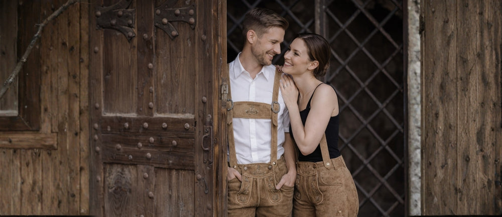 Custom-made Bavarian lederhosen showing hand-stitched leather detailing