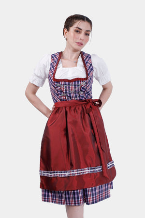 A woman wearing a "Dirndl Jentsch" with a red apron and plaid dress, paired with metallic heels, stands against a plain white background.